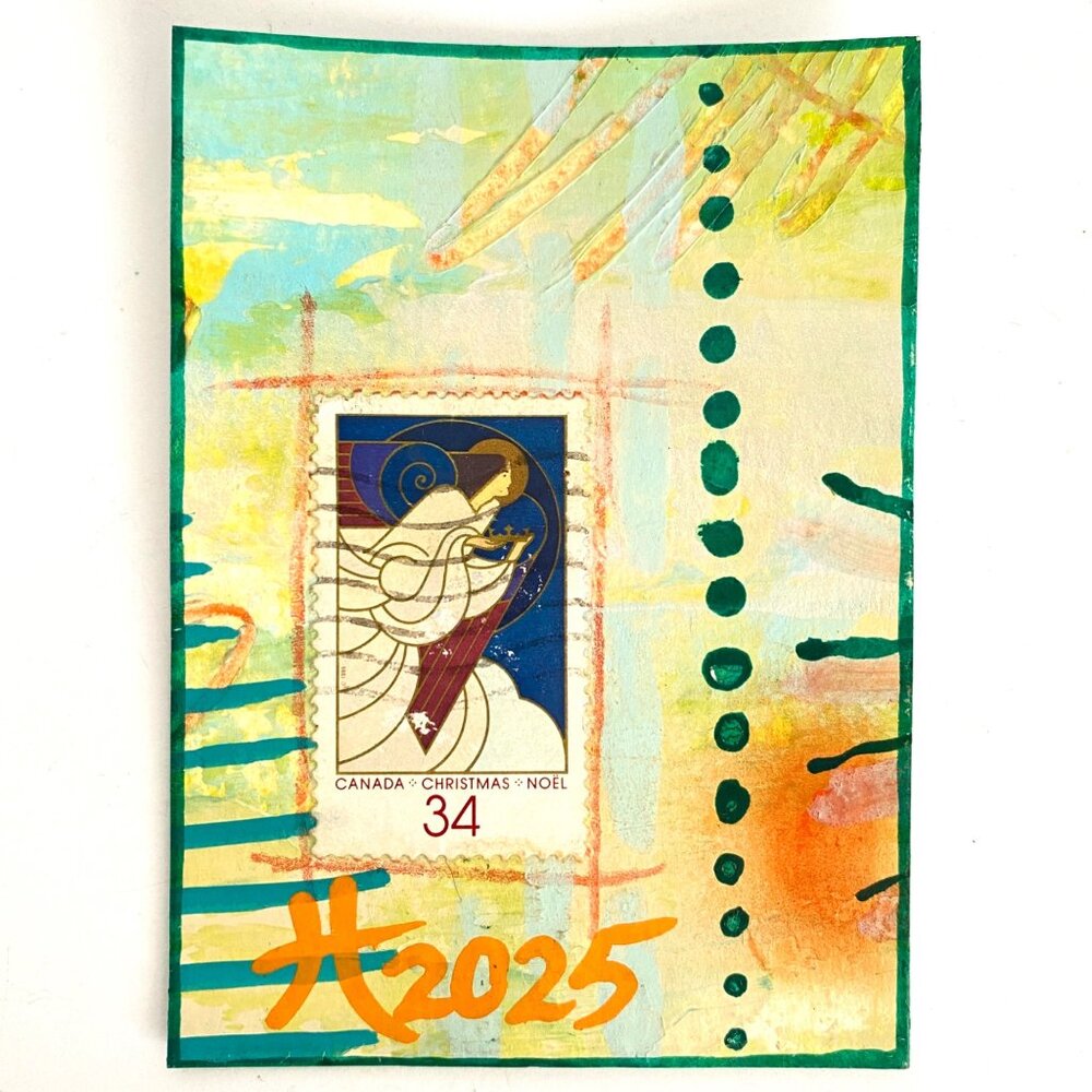 ACEO Original Acrylic Mixed Media Art 1986 Canada Christmas Postage Stamp ATC